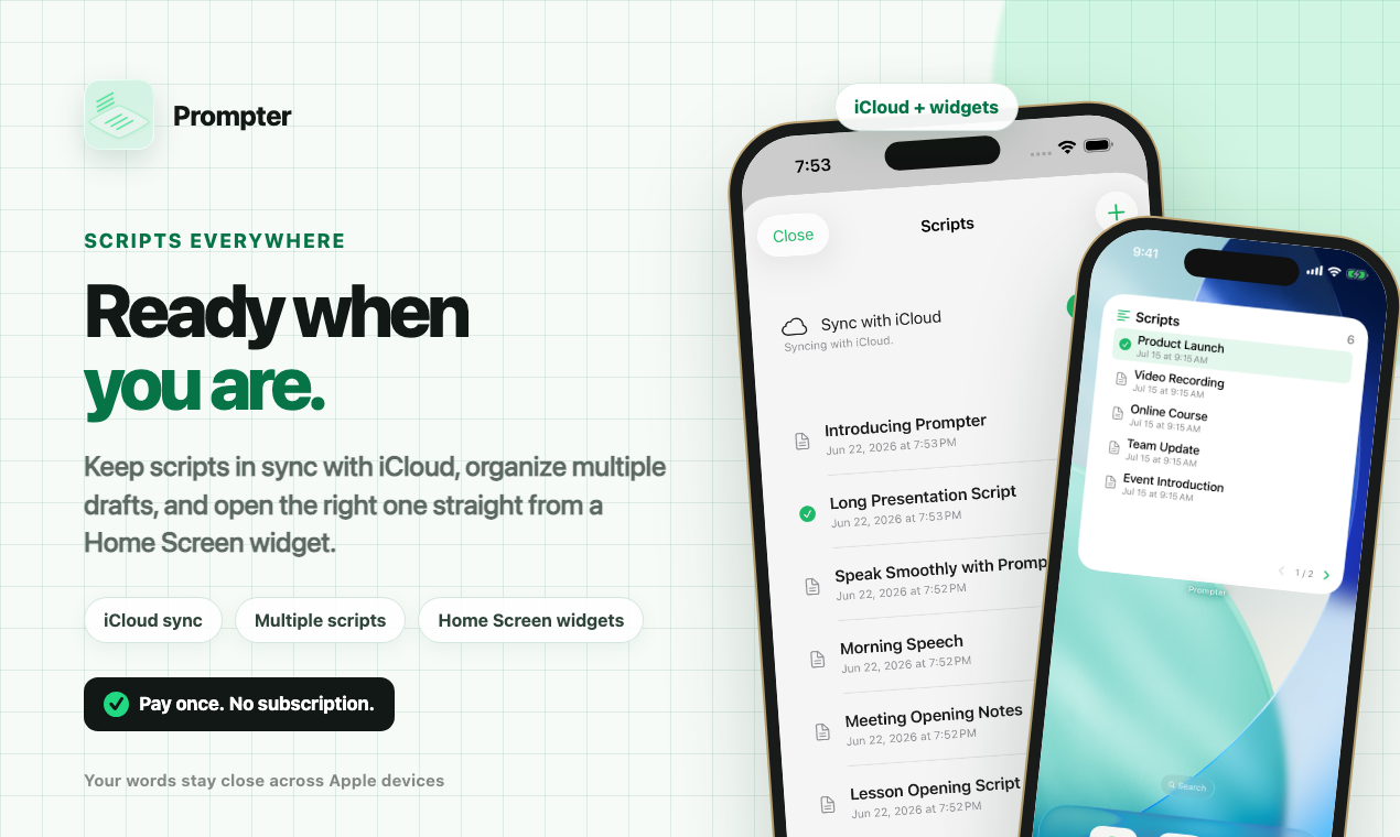 Prompter script library and Home Screen widget