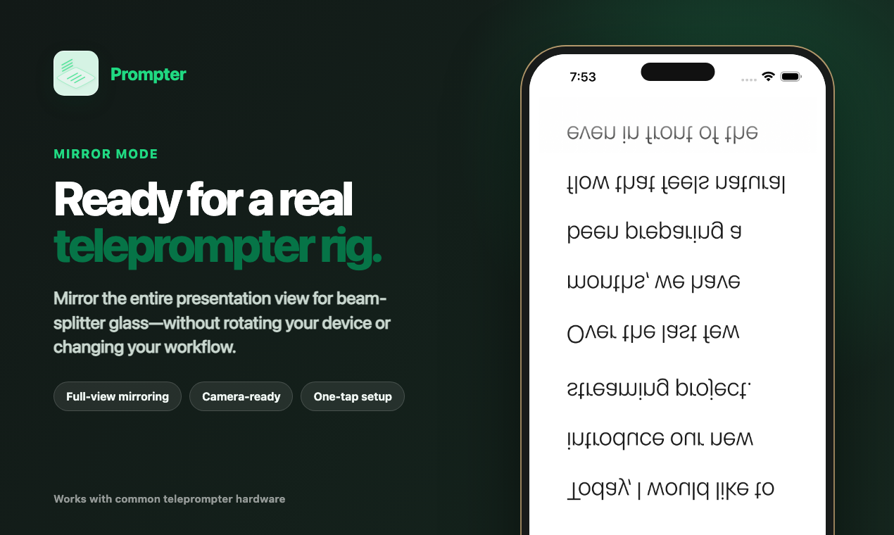 Prompter mirror mode for teleprompter hardware